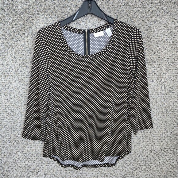 Chicos Top Womens 1 US Medium Black Polka‎ Dot Scoop Neck Blouse Zip Ladies - Picture 1 of 7